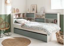 Lit gigogne avec rangement 90x190 MANLY Blanc/Vert - 1