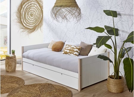 Lit gigogne 90x190 TYKO Blanc/Pin - De côté