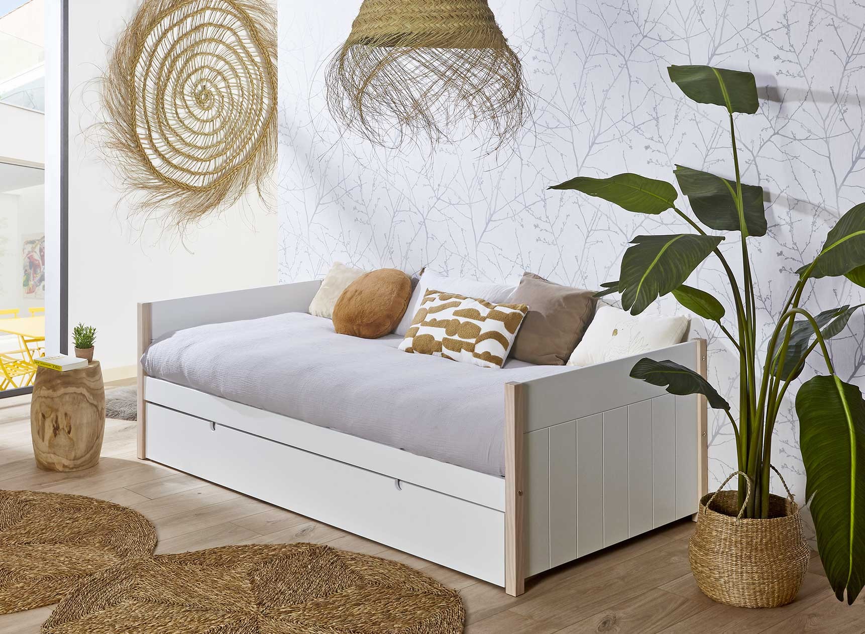 Lit gigogne 90x190 TYKO Blanc/Pin - De côté