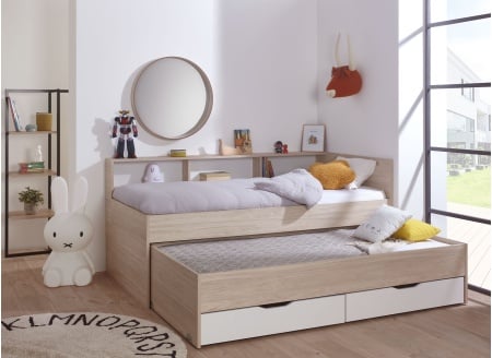 Lit gigogne avec rangement 90x200 OSLO Bois/Blanc - 2