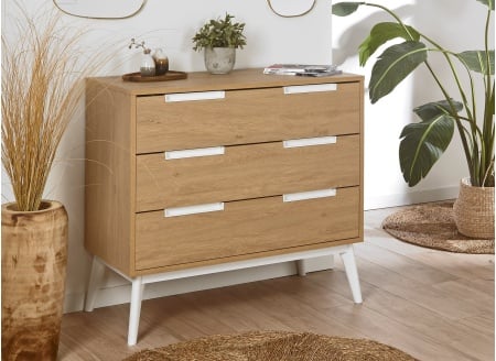 Commode 3 tiroirs VINTAGE en Blanc et Chêne sur fond ambiance