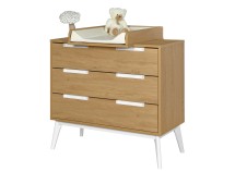 Commode 3 tiroirs VINTAGE en Blanc et Chêne avec plan à langer sur fond blanc