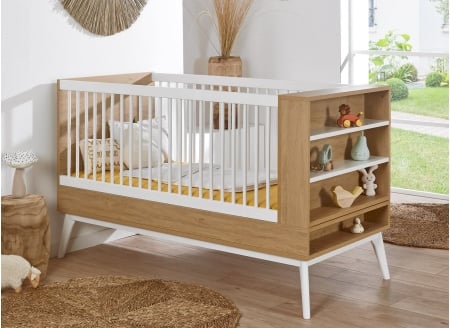 Lit bébé évolutif 70x140 VINTAGE en Blanc et Chêne version lit bébé à barreaux