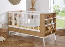 Lit bébé évolutif 70x140 VINTAGE en Blanc et Chêne version lit bébé à barreaux
