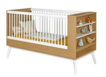 Lit bébé évolutif 70x140 VINTAGE en Blanc et Chêne version lit bébé à barreaux sur fond blanc