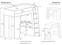 Lit mezzanine avec bureau et armoire MANLY - dimensions