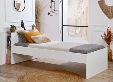 Lit enfant 90x200 avec rangement ALBI Blanc/Chêne - 1