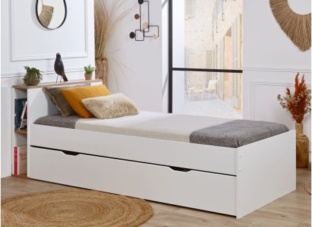 Lit gigogne rangement 90x200 ALBI Blanc/Chêne - 1