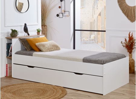 Lit gigogne rangement 90x200 ALBI Blanc/Chêne - 1