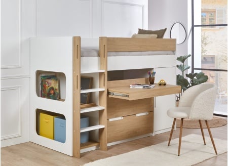 Lit mi-hauteur 90x190 ARLO - Blanc/Chêne - 2