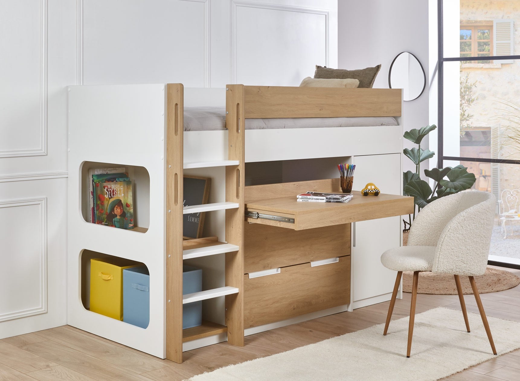 Lit mi-hauteur 90x190 ARLO - Blanc/Chêne - 2