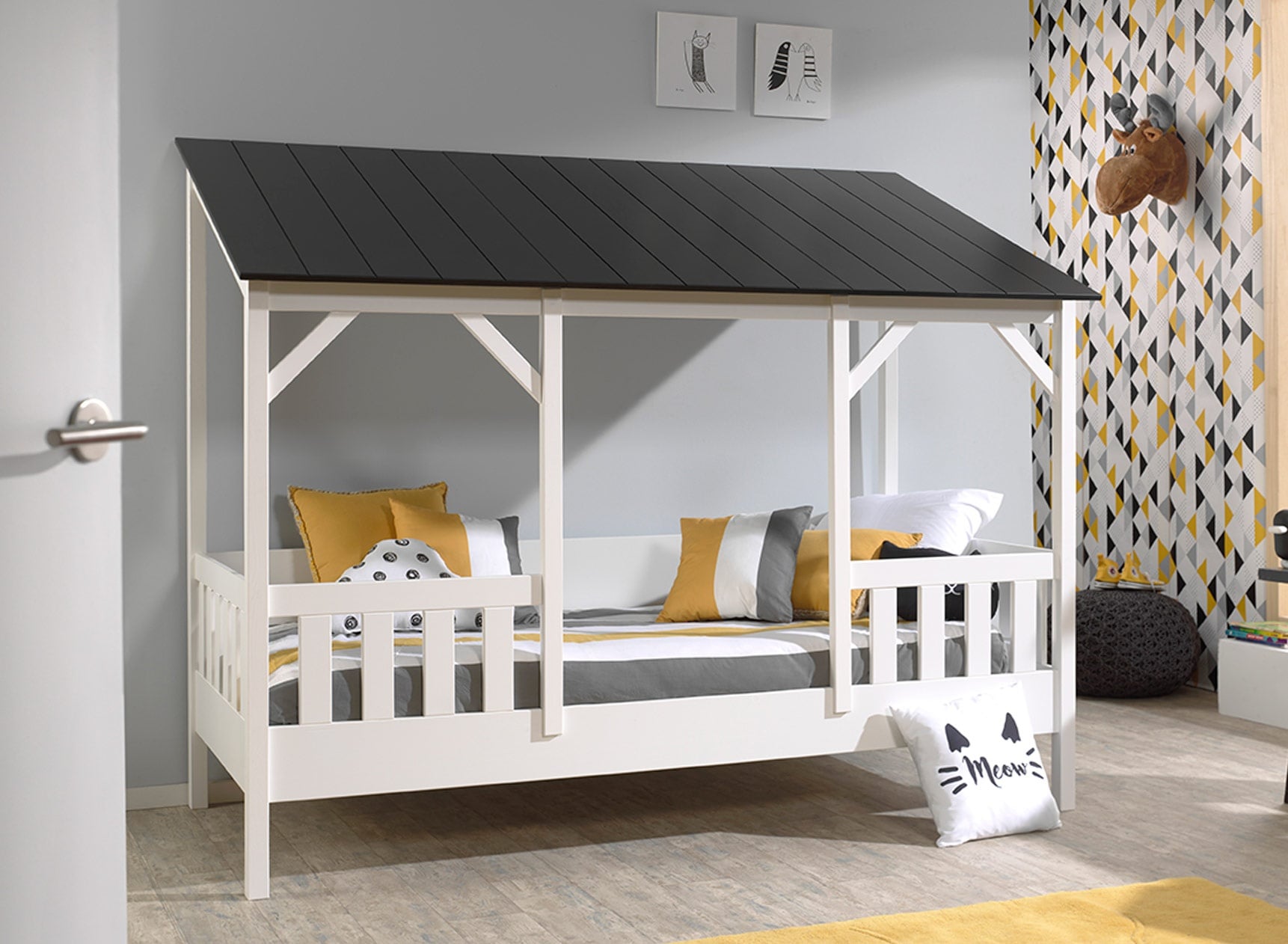 Lit cabane enfant 90x200 avec toit LYNN Noir - 1