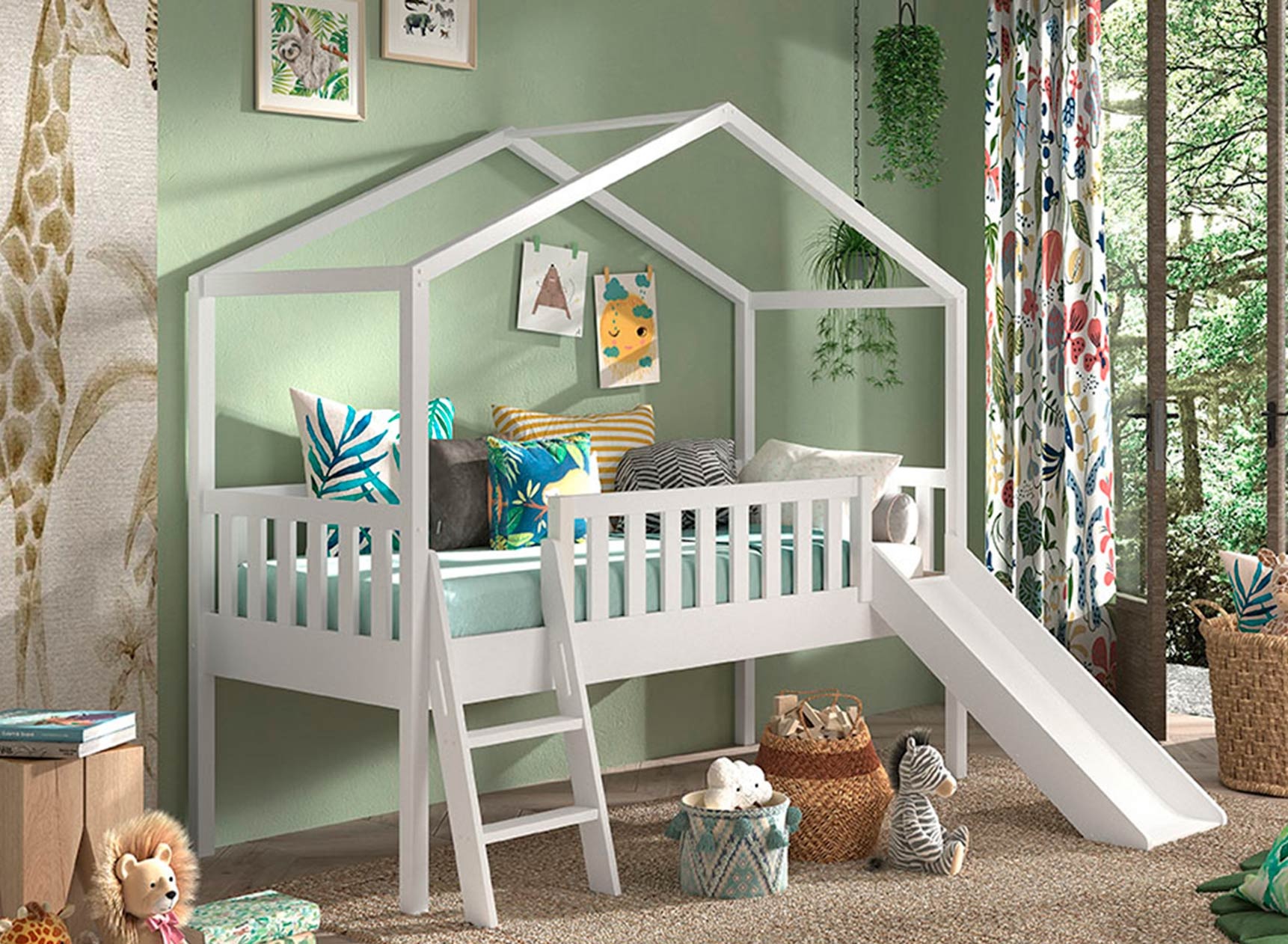 Lit cabane mi-hauteur toboggan NOAH Blanc - 1