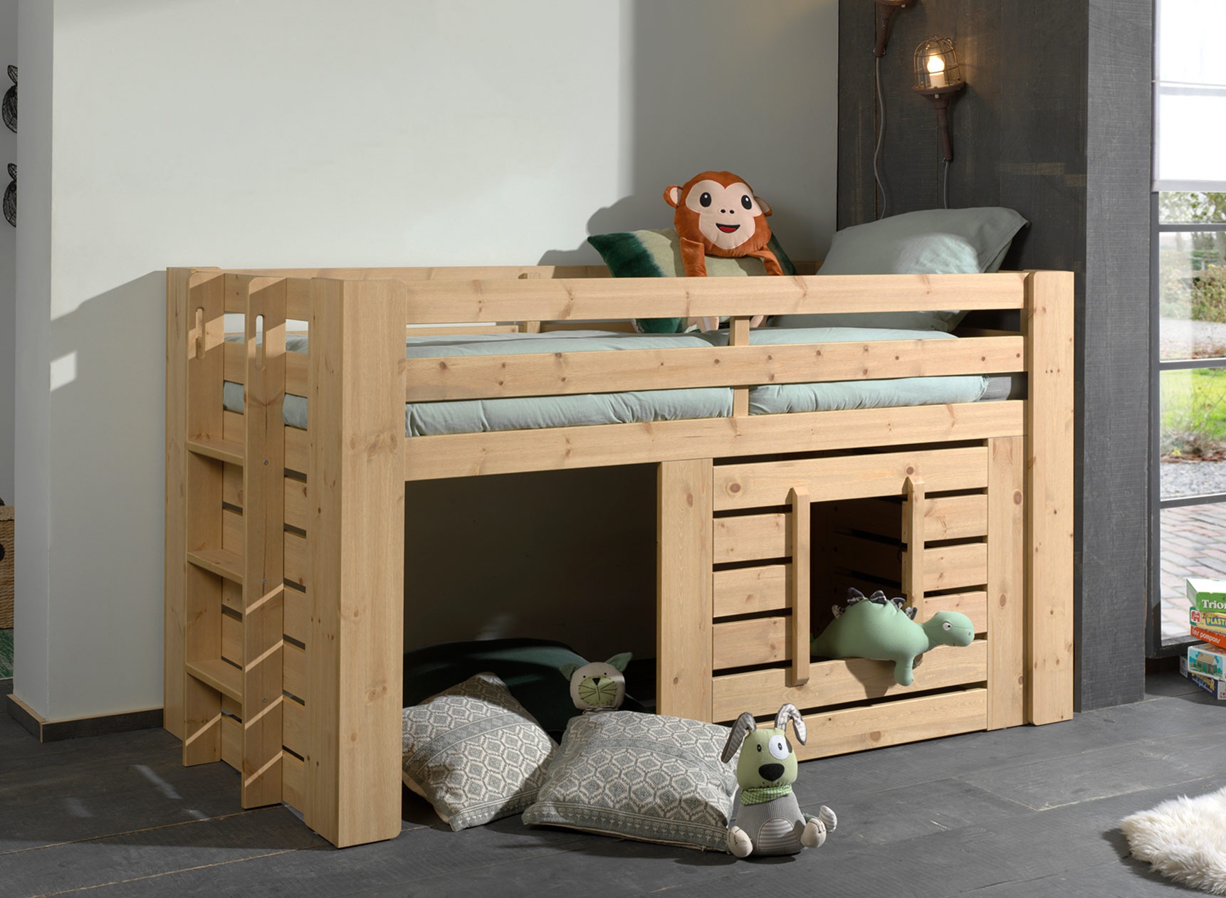 Lit mi-hauteur 90x200 cabane MALO Pin massif - 1