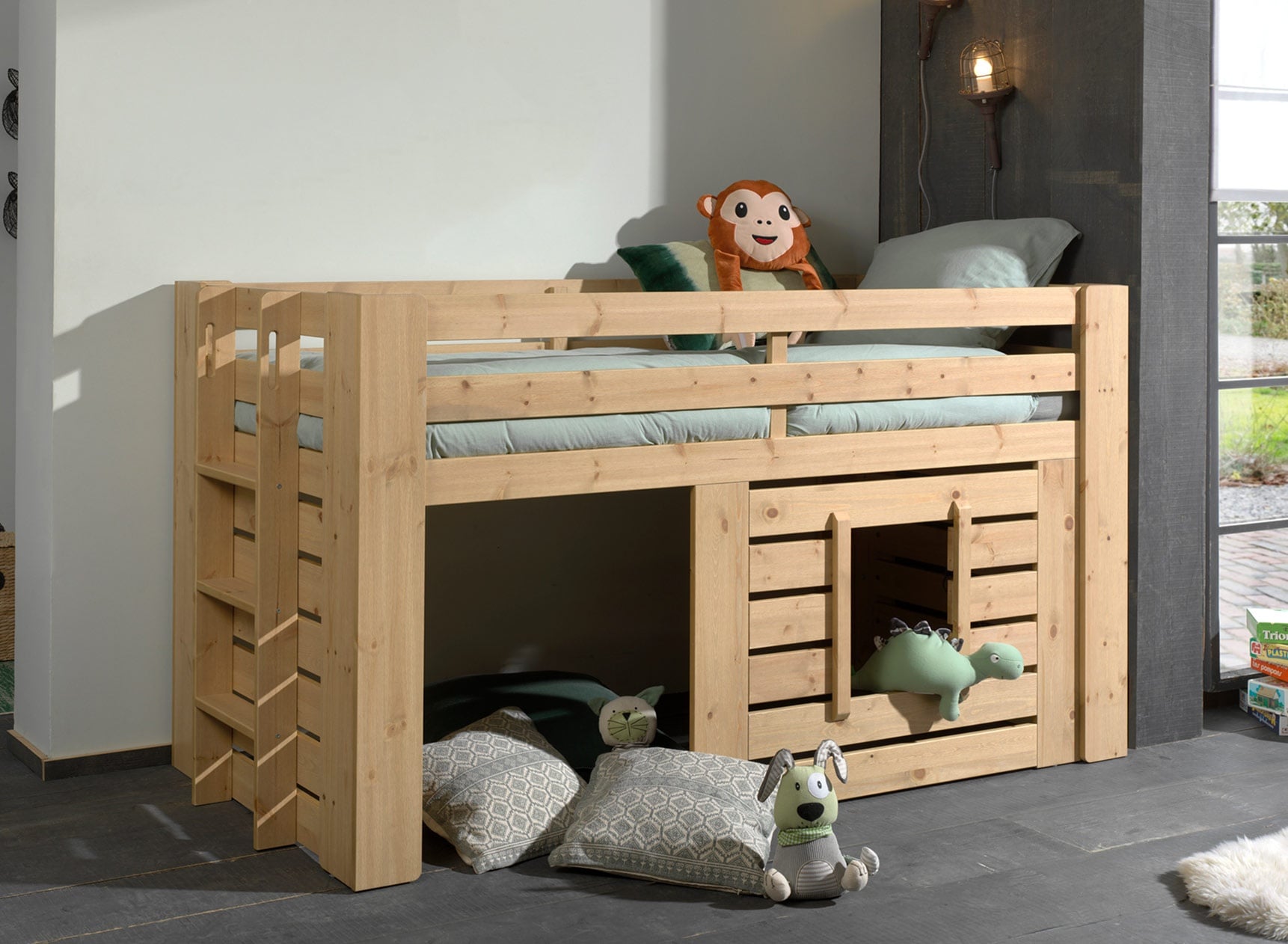 Lit mi-hauteur 90x200 cabane MALO Pin massif - 1