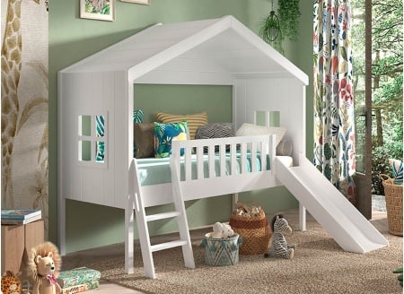 Lit cabane 2 fenêtres et toboggan PALMA Blanc - 1