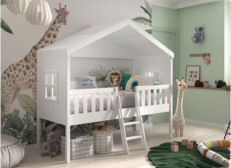 Lit cabane mi-hauteur 2 fenêtres PALMA Blanc - 1