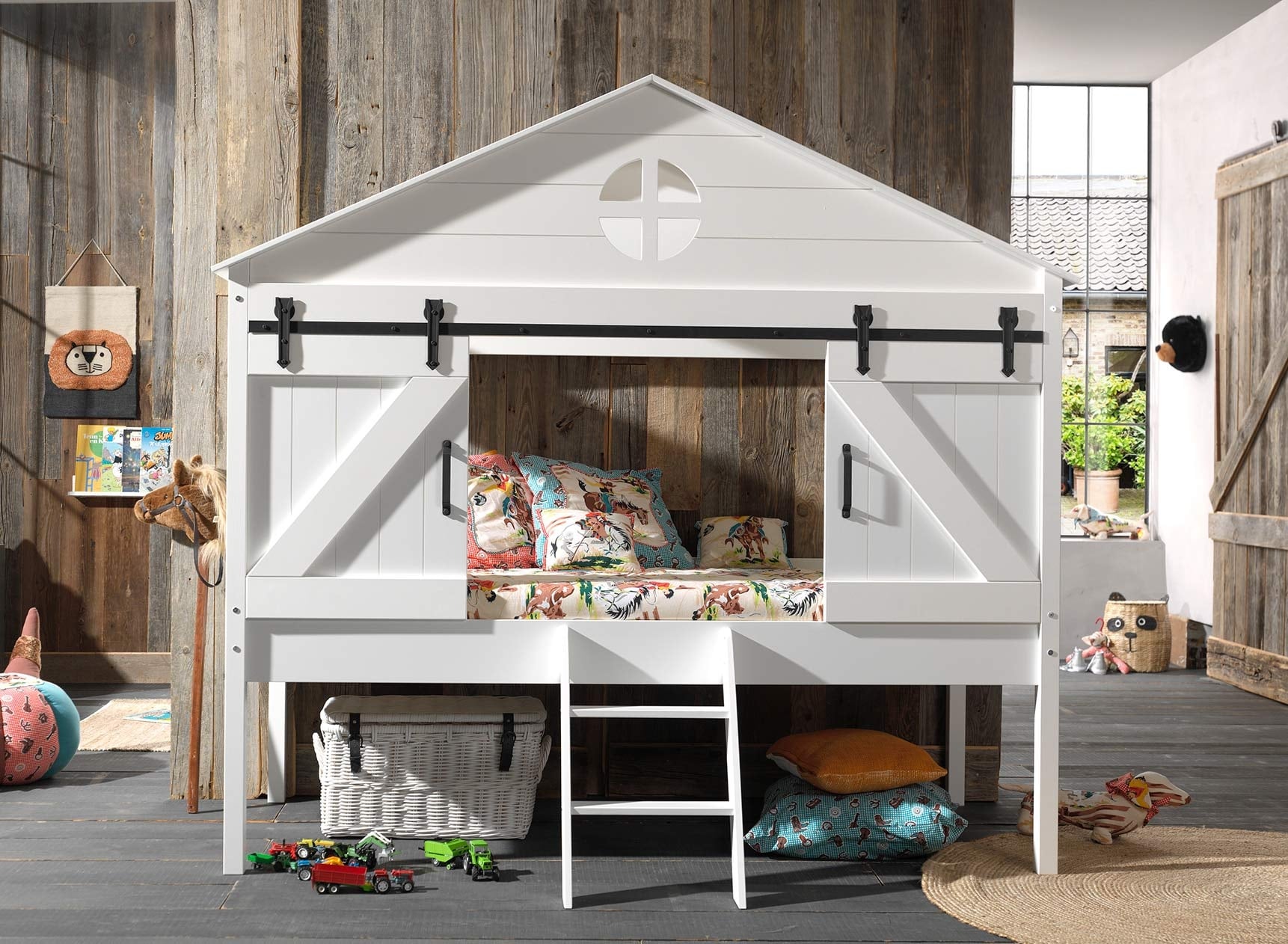 Lit cabane mi-hauteur style maison GUSTAVE Blanc-1