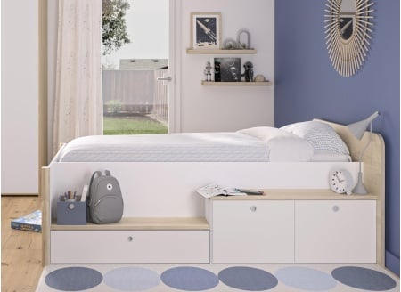 Lit enfant rangement 90x200 OLYMPE Blanc/Bois - 1