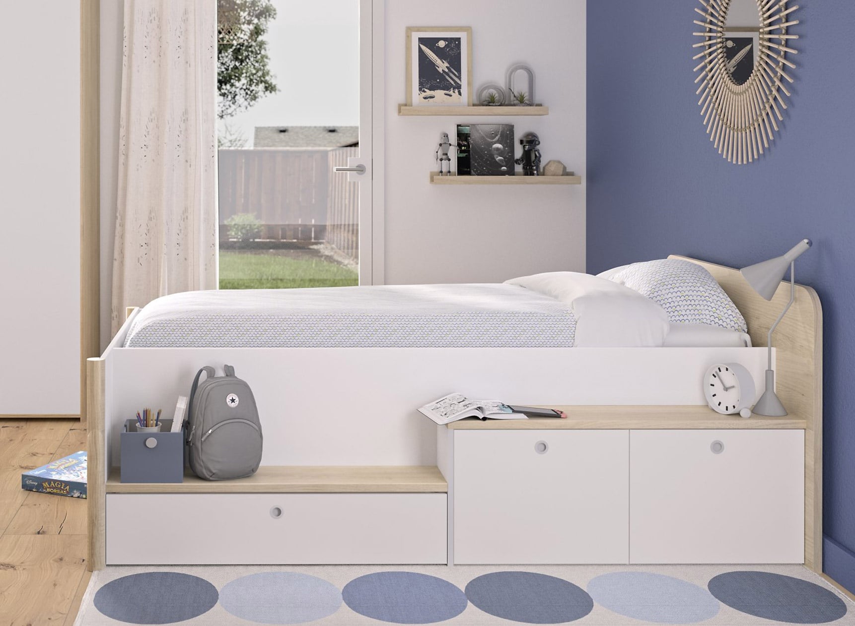 Lit enfant rangement 90x200 OLYMPE Blanc/Bois - 1