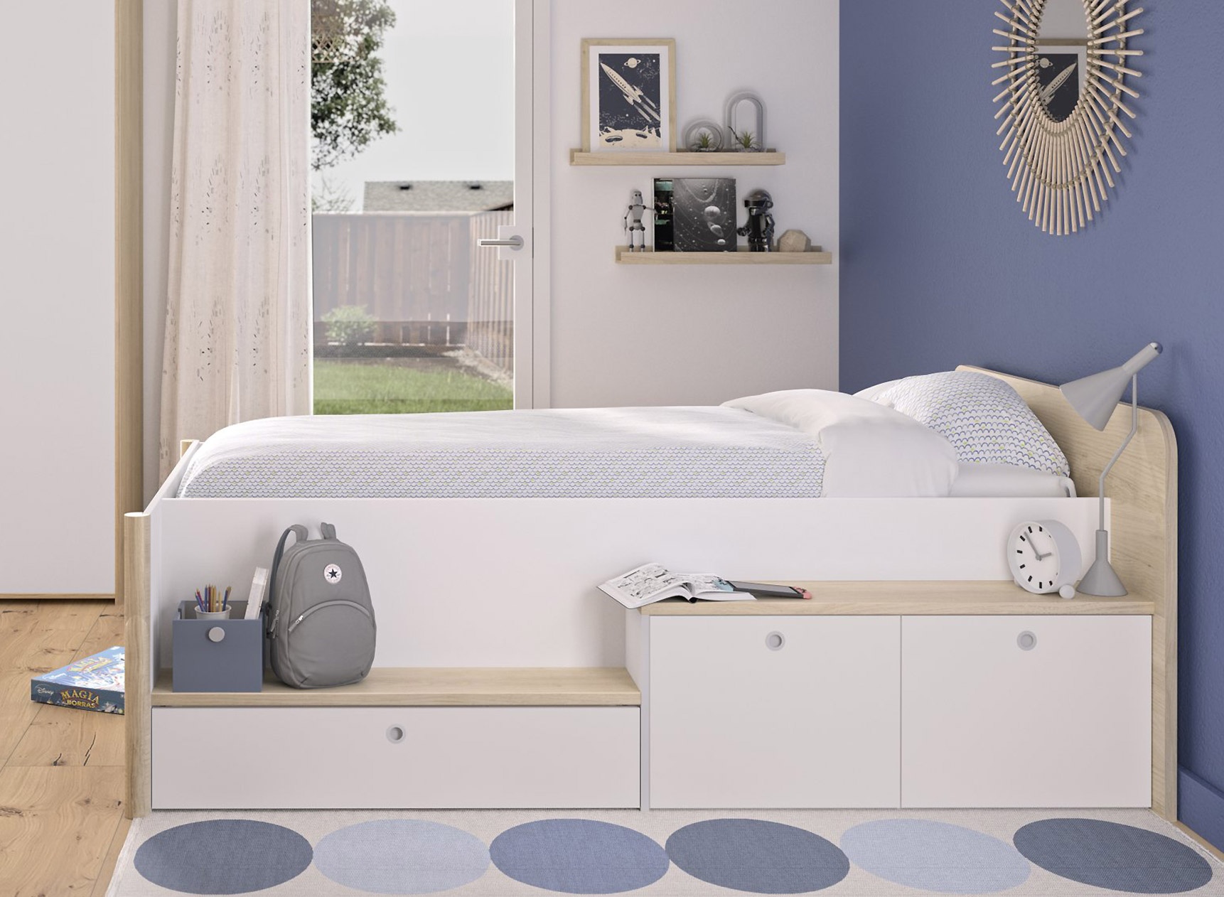 Lit enfant rangement 90x200 OLYMPE Blanc/Bois - 1