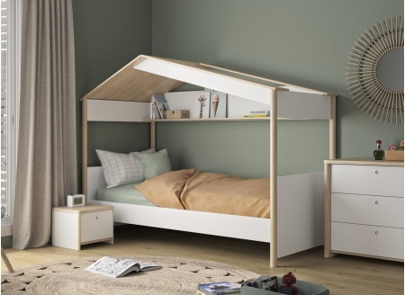 Lit cabane enfant 90x200 OLYMPE Blanc/Bois - 1