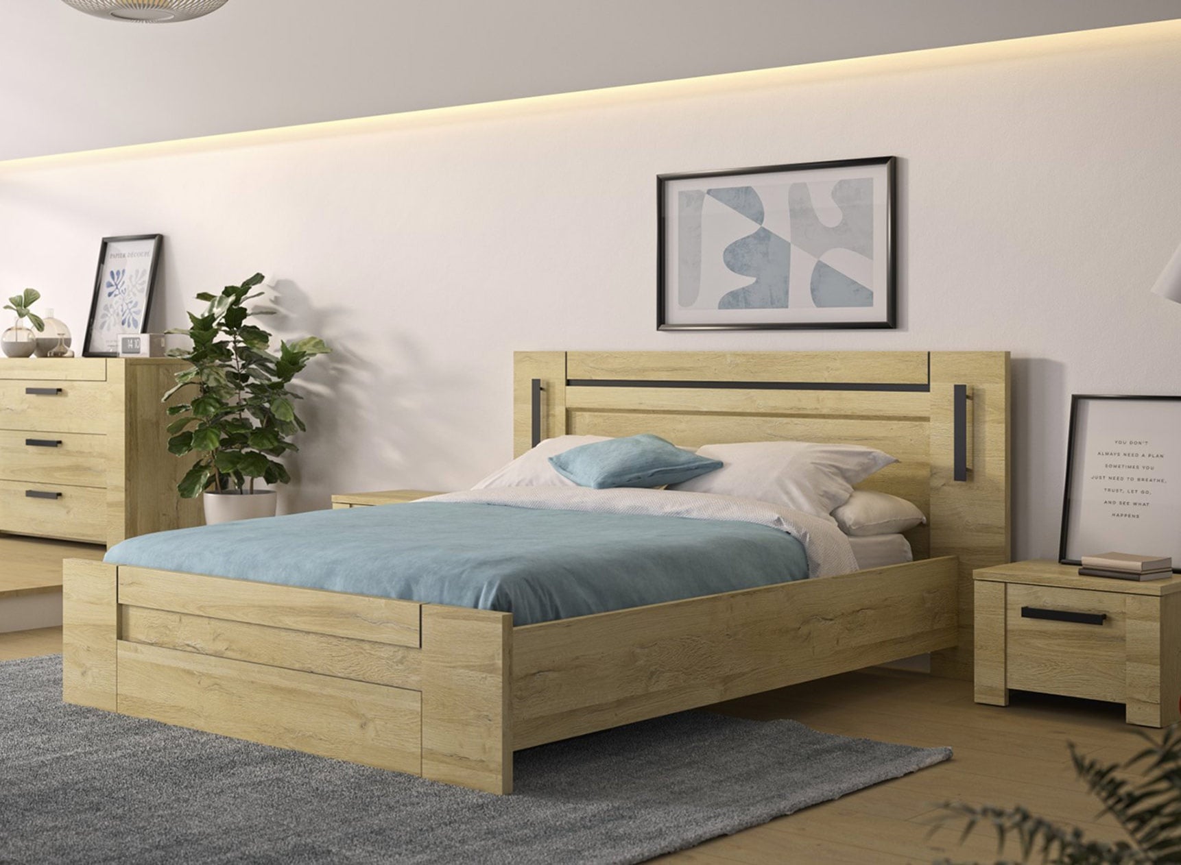 Lit double 160x200 avec tête de lit OSCAR Chêne - 1