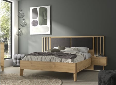 Lit 160x200 tête de lit et chevets PAVEL Chêne - 1