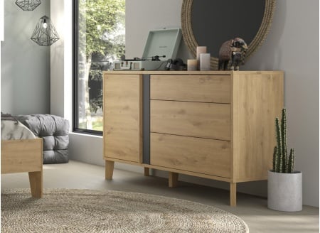 Commode 3 tiroirs 1 porte PAVEL Chêne - 1