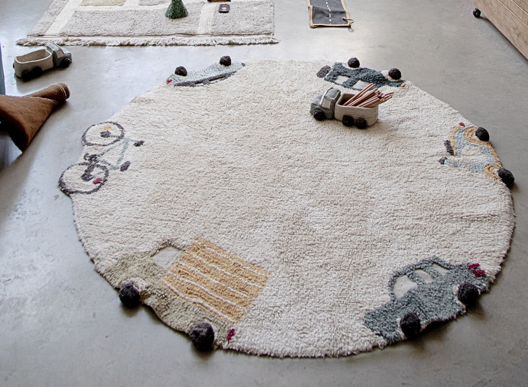 Tapis enfant rond en coton naturel WHEELS - 1