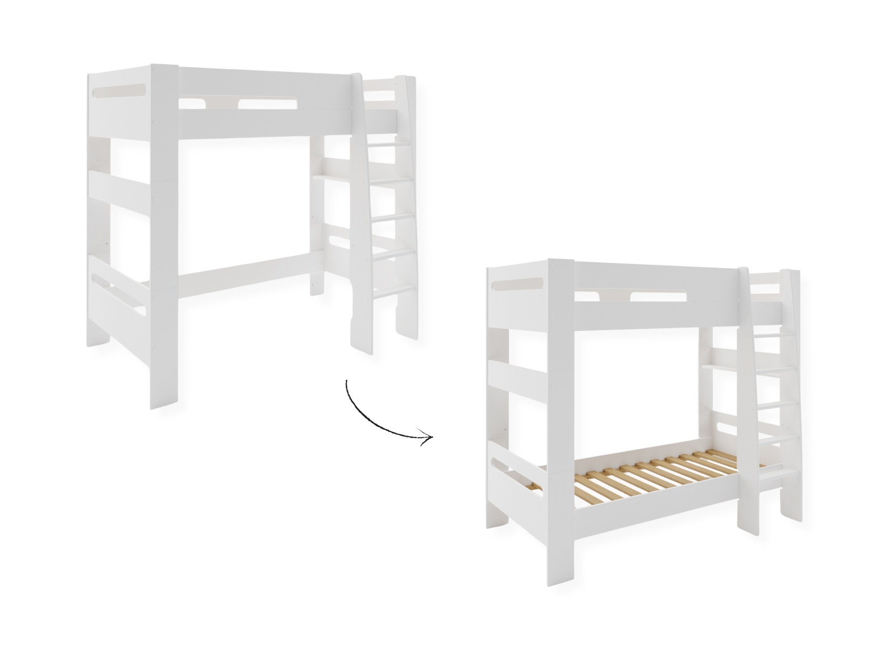 Stapelbed met planken en drietraps rechthoekige ladder, houten opbergruimte, bedframe van massief hout, wit, 90 x 200 cm