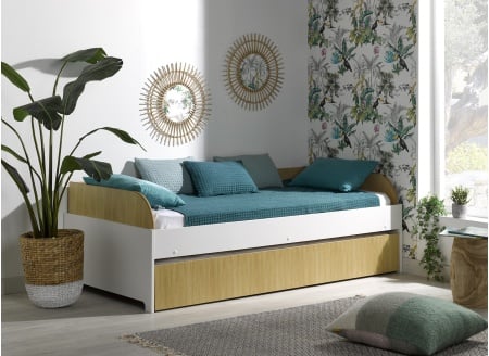 Lit gigogne banquette 90x190 MANLY - Blanc/Chêne - 1
