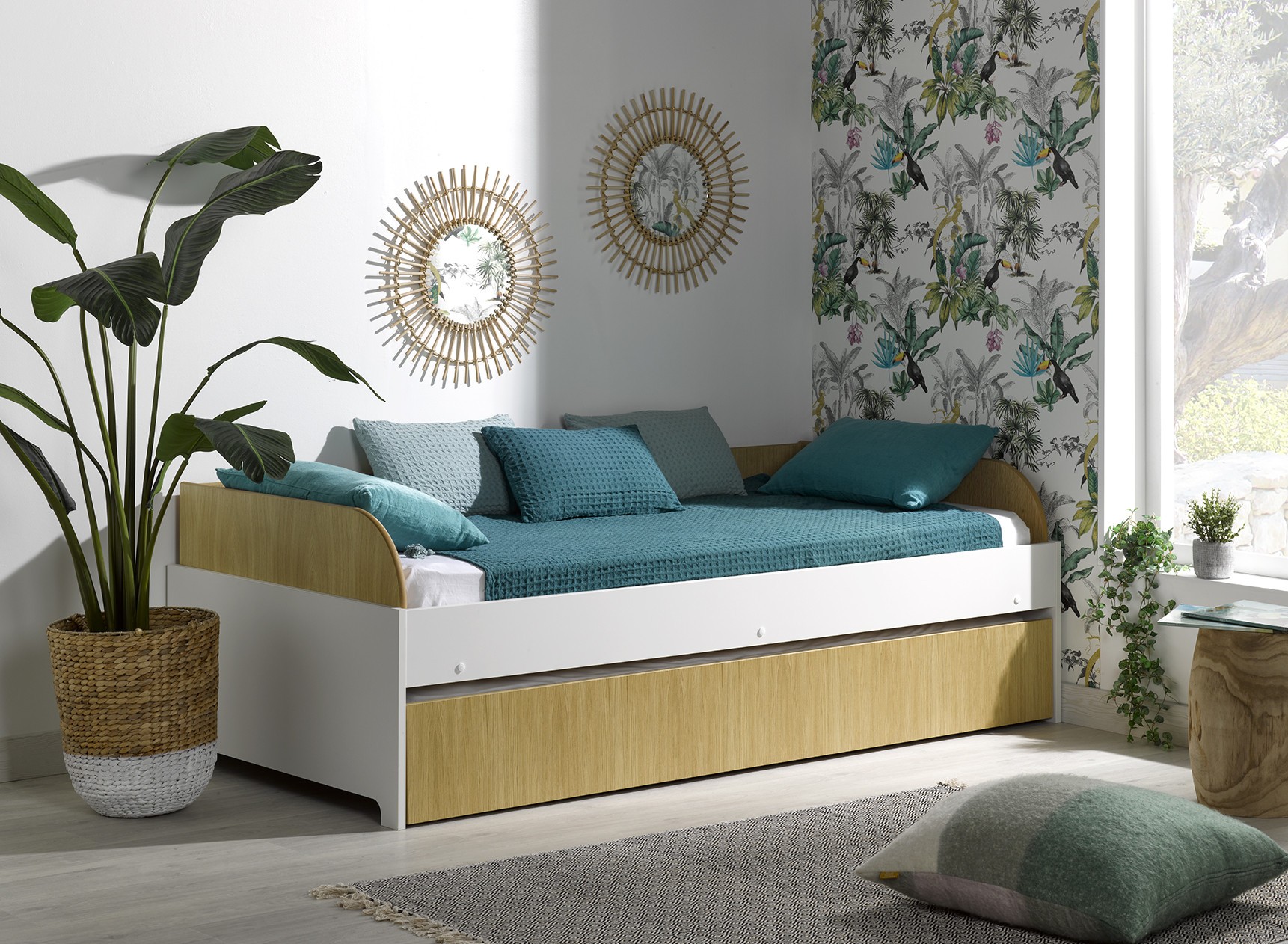 Lit gigogne banquette 90x190 MANLY - Blanc/Chêne - 1