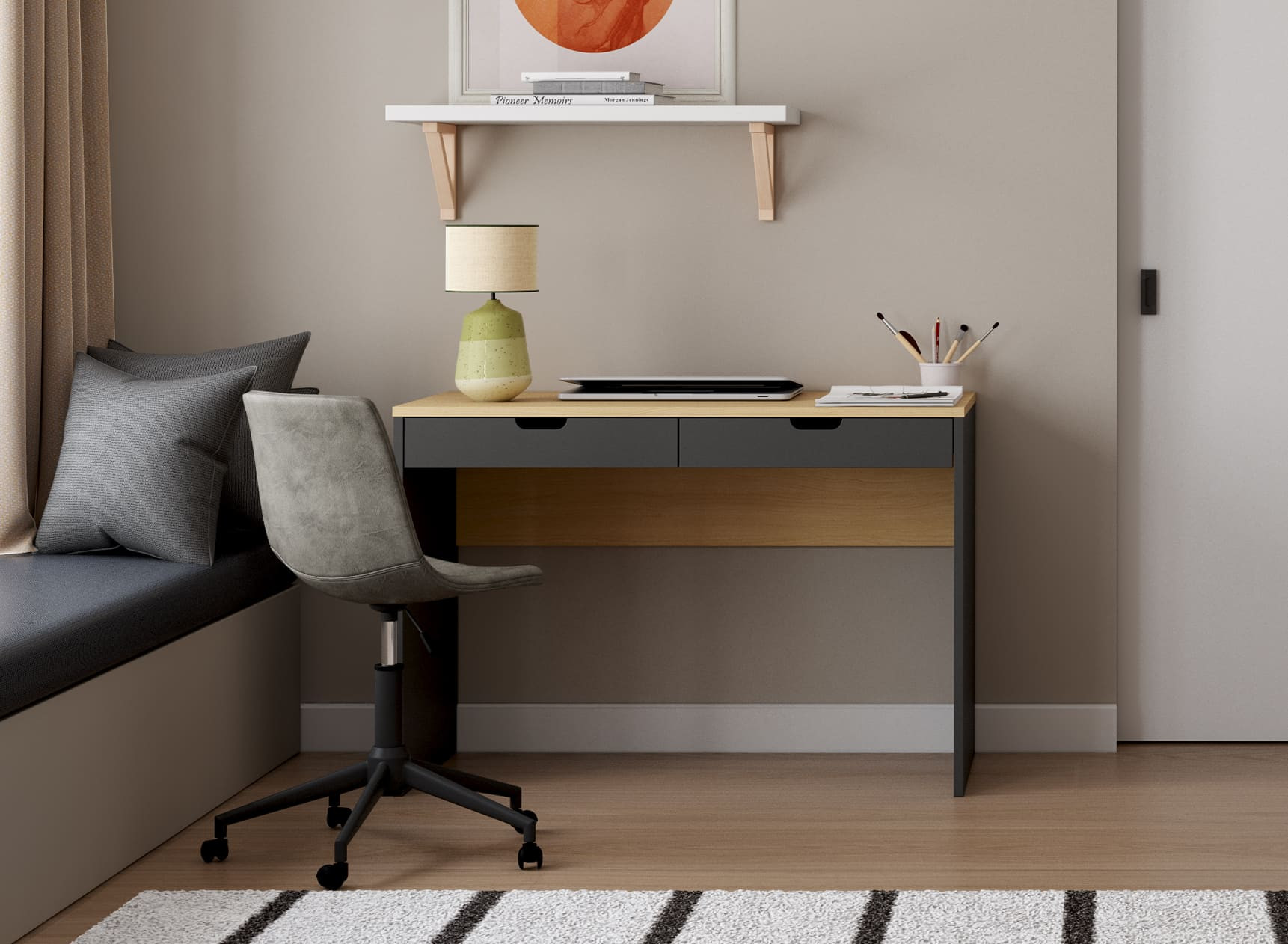 Bureau 2 tiroirs ALBI Ardoise/Chêne - 1