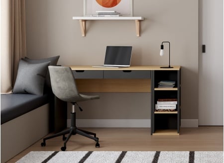 Bureau 2 tiroirs rangement ALBI Ardoise/Chêne - 1