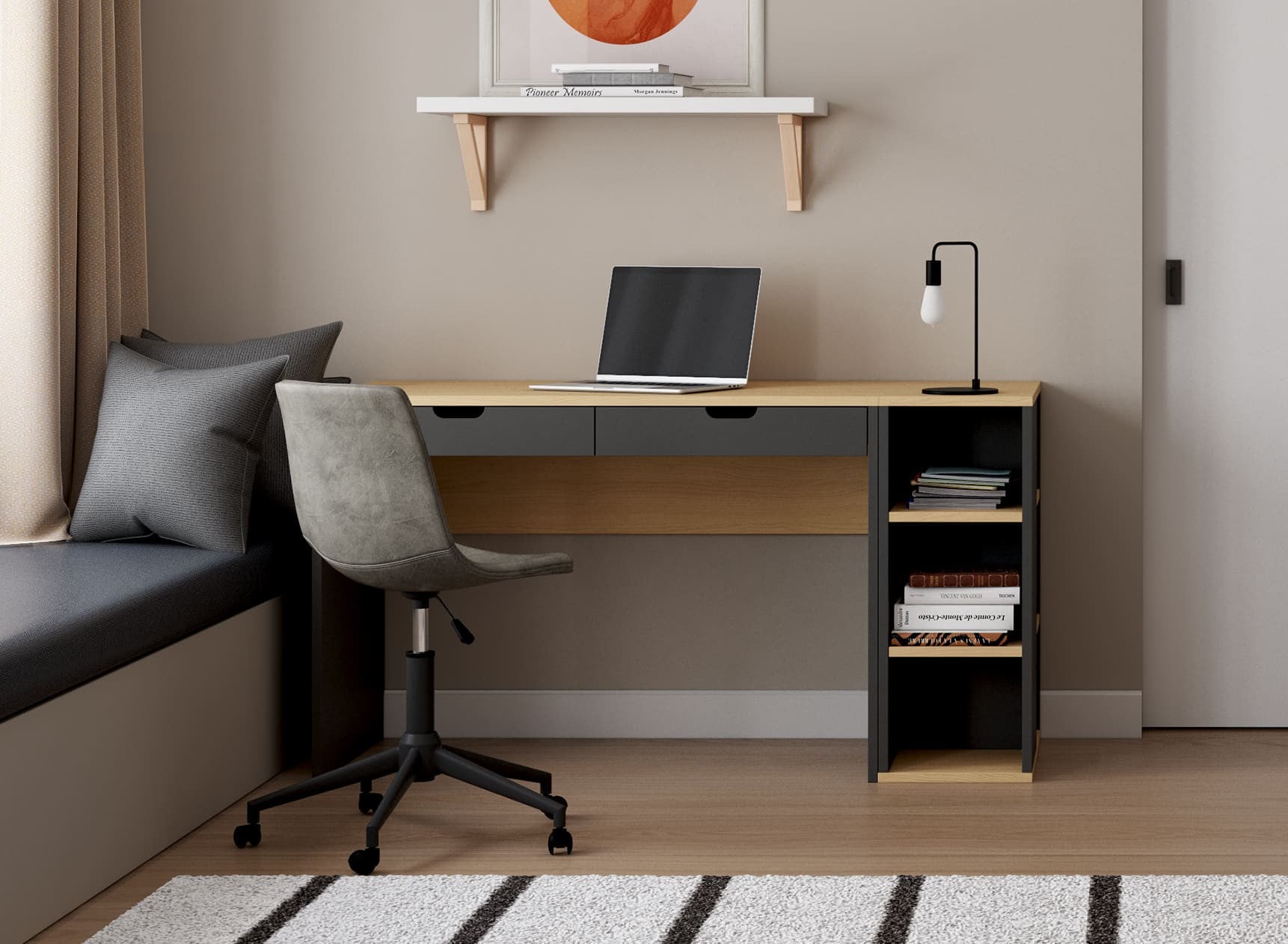Bureau 2 tiroirs avec rangement ALBI Blanc et Chêne - Pratique