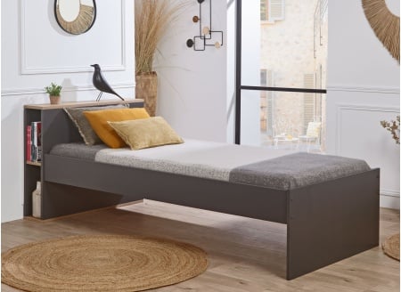 Lit enfant 90x200 rangement ALBI Ardoise/Chêne  - 1