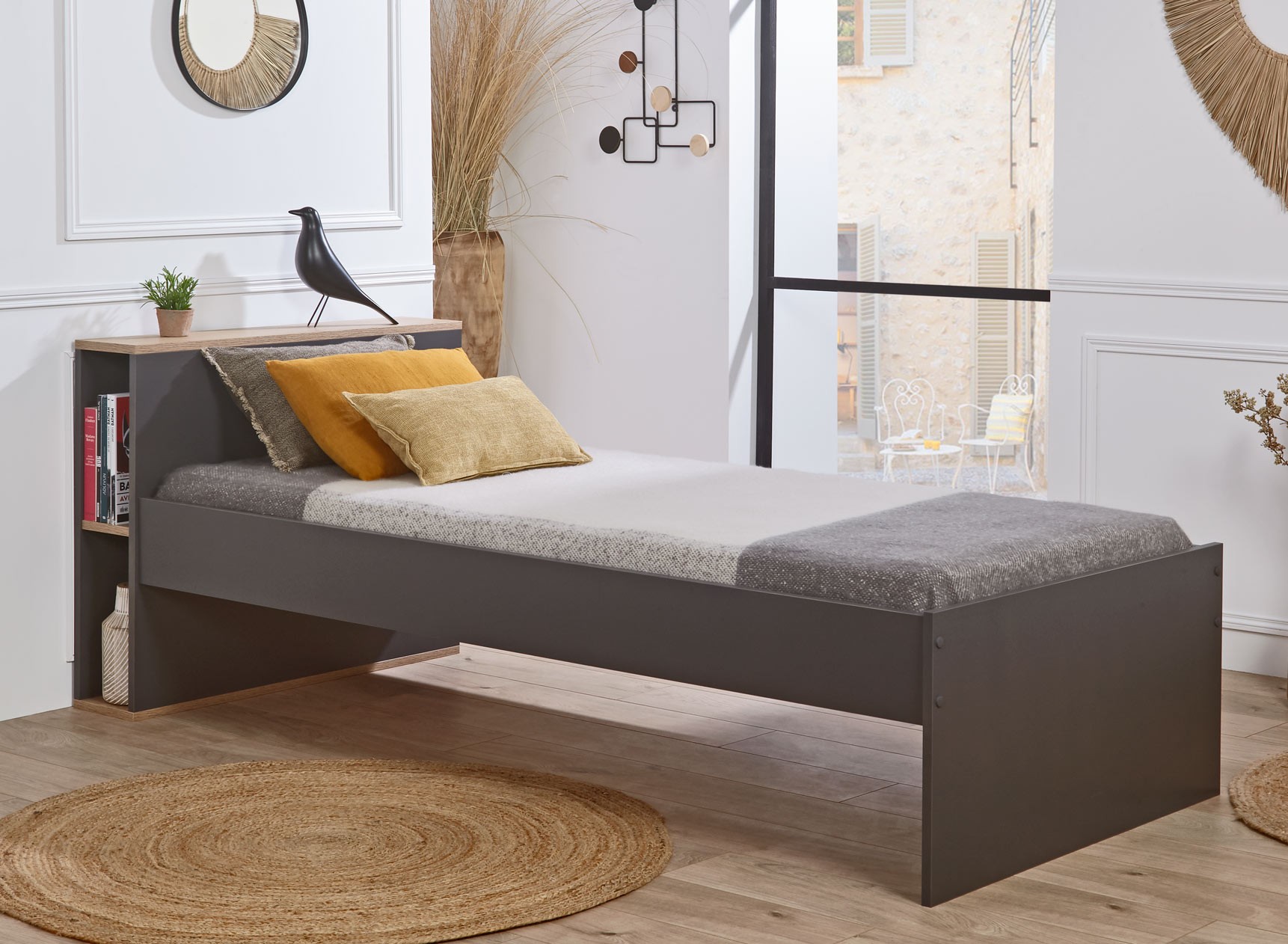 Lit enfant 90x200 rangement ALBI Ardoise/Chêne  - 1