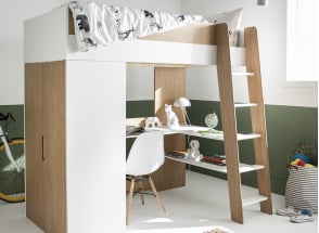 Lit mezzanine avec bureau et armoire 90x190 MANLY - Blanc/Chêne