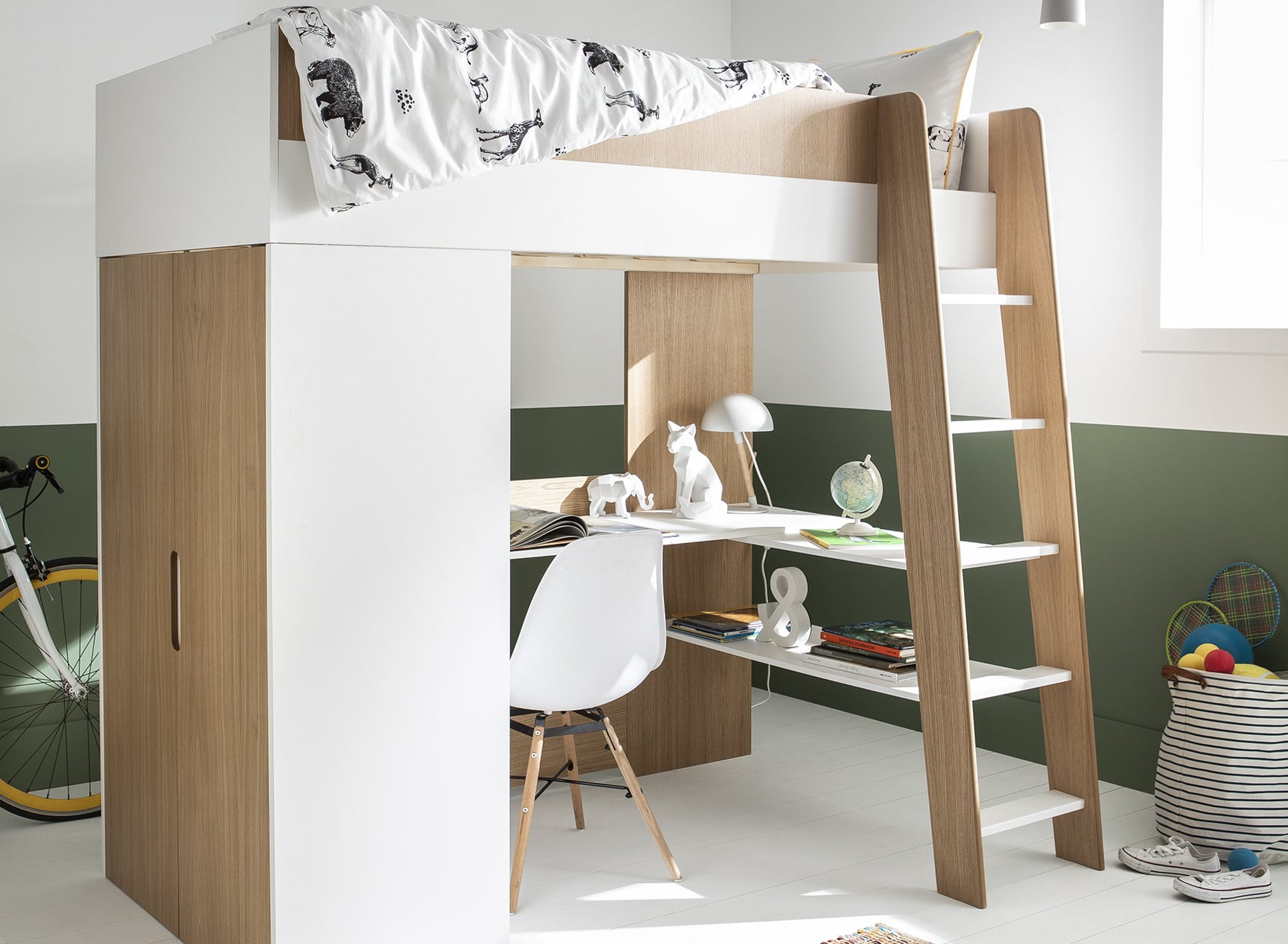 Lit mezzanine bureau et armoire MANLY - Blanc/Chêne - 1