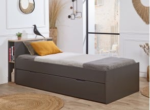 Onderschuifbed met opbergruimte 90x200 ALBI - Leisteen/Eiken