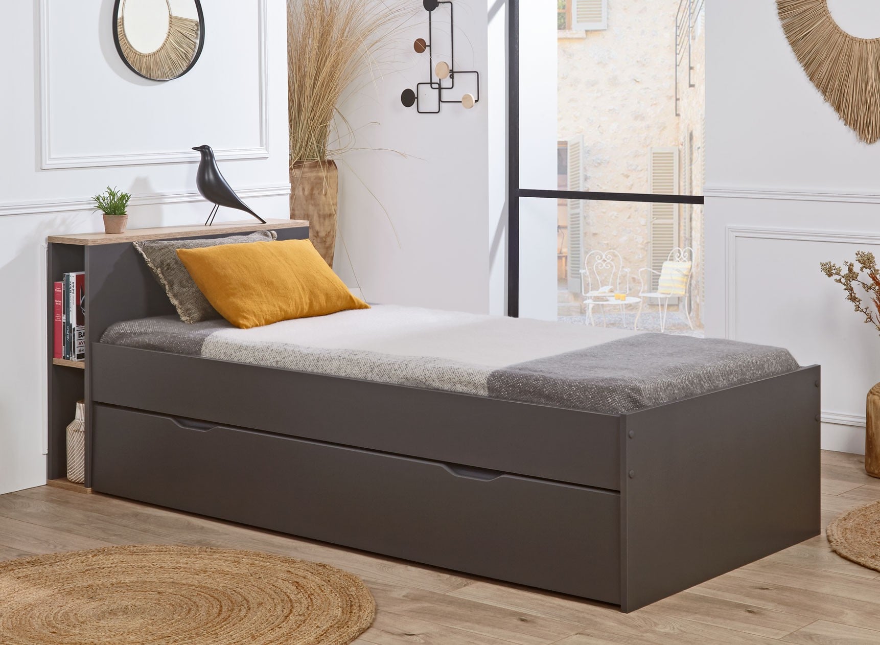 Lit gigogne rangement 90x200 ALBI Ardoise/Chêne - 1