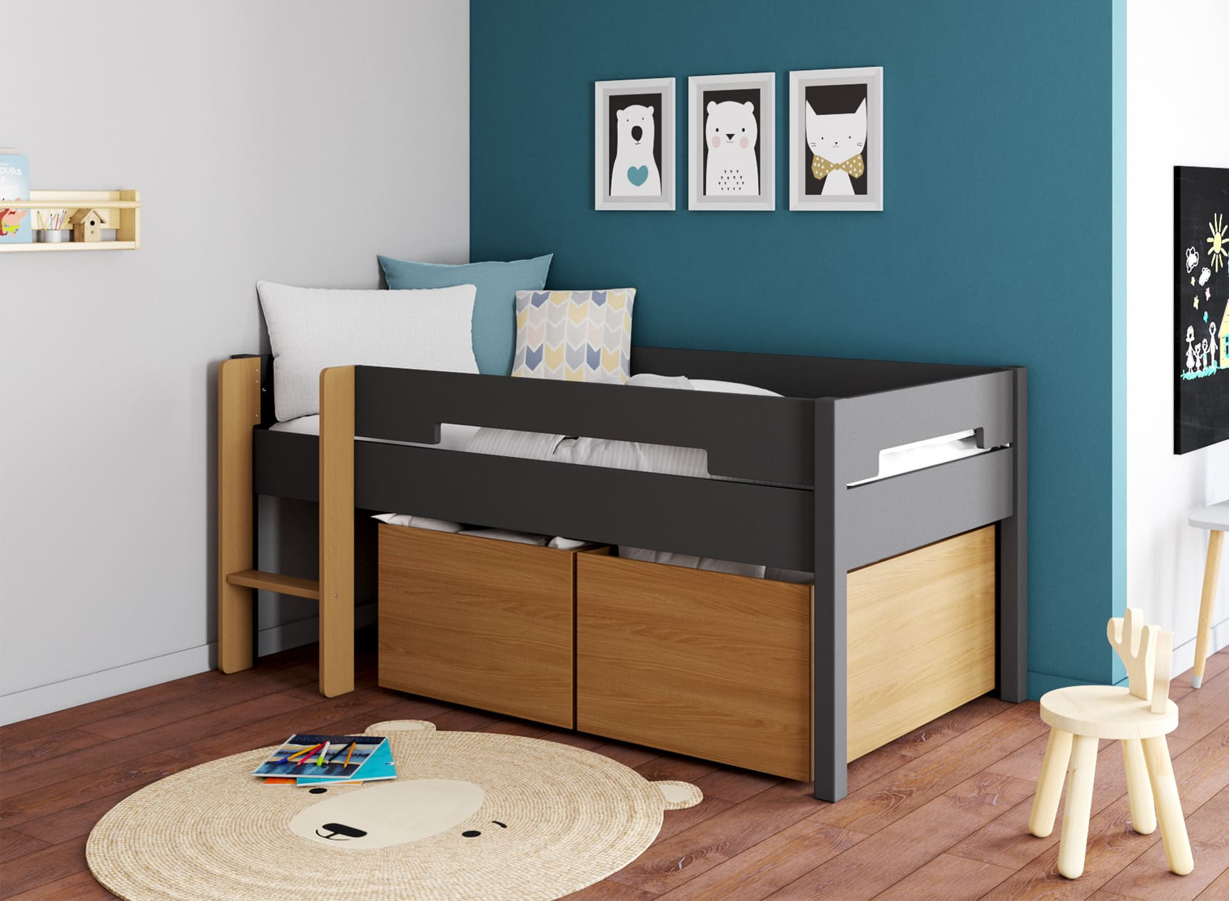 Lit mi-hauteur rangement 90x190 ANGEL Ardoise -1