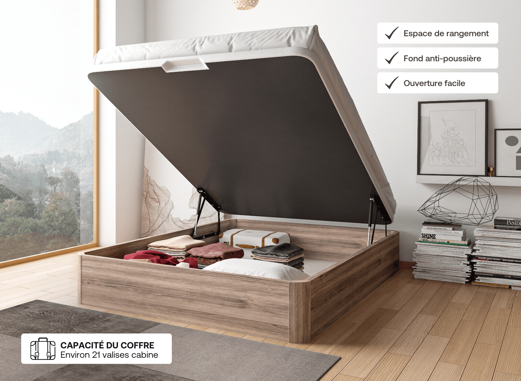 Lit coffre 140 x 200 cm BASTIA Chêne naturel - Ouvert