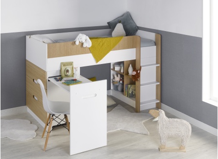 Lit mi-hauteur bureau et commode MANLY Blanc/Chêne - 2