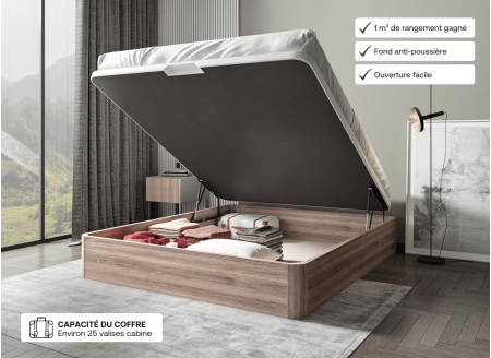 Lit coffre 160 x 200 cm BASTIA Chêne naturel - Ouvert