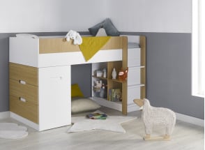 Cama semi alta con escritorio y cómoda 90x190 MANLY - Blanco/Roble