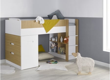 Lit mi-hauteur bureau et commode MANLY Blanc/Chêne - 1