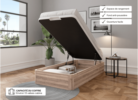 Lit coffre 90 x 200 cm BASTIA Chêne naturel - Ouvert