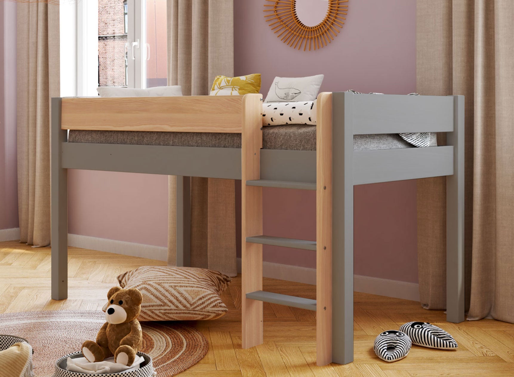 Lit mi-hauteur en pin massif 90x190 HOYA Gris -  1